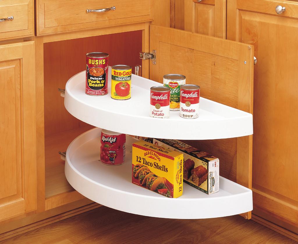 68** SERIES POLYMER HALF MOON LAZY SUSANS Designed for 42, 45", and 48" blind corner cabinets Single and double solid bottom polymer shelves, almond or white Non-handed Pivot and slide hardware 90