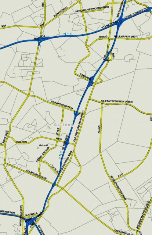 Annandale to Buccleuch New Road to Annandale Olifantsftn to New Road Samrand to Olifantsftn Old JHB to Samrand Brakfontein to Old JHB The extent of the study area on the Ben Schoeman Freeway (N1)