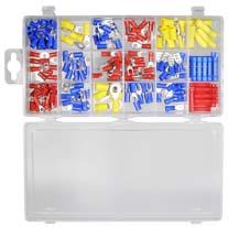 plastic box. Contains all the most popular ring, spade, butt and quick connect terminals. 73-006-1 Butt connector assortment.