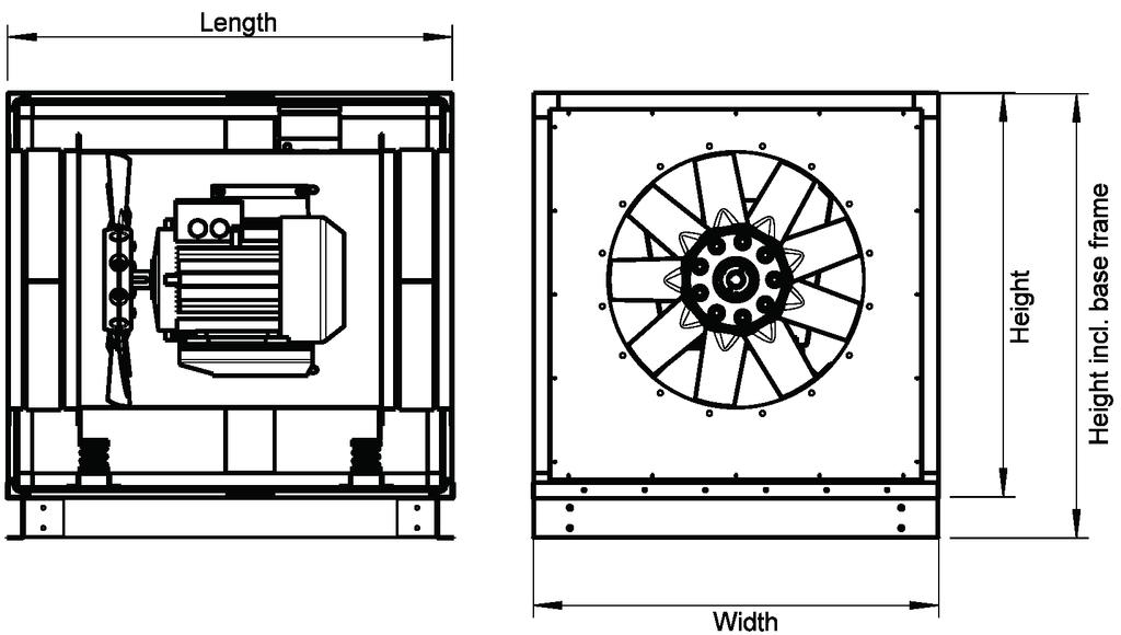 38 Axial fans Overview Dimensions AXC-Box Size Motor size Length Width Height Size with base frame Diameter Gross weight min.