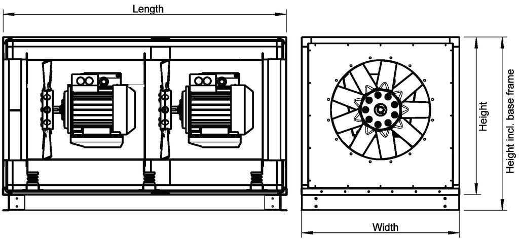 Axial fans 39 Overview Dimensions AXC-G-Box Size Motor size Length Width Height Size with base frame Diameter Gross weight min.