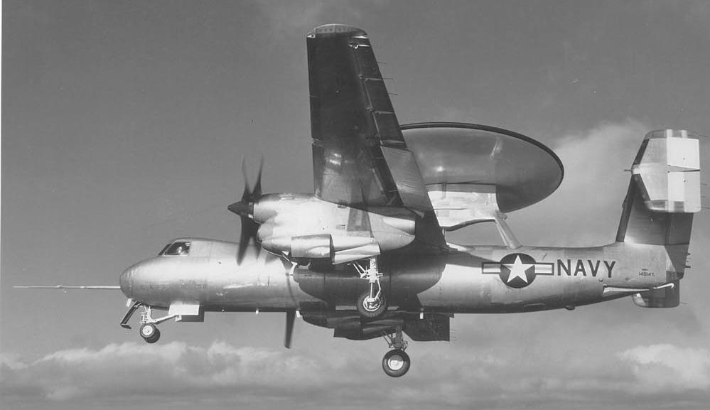 W2F Grumman G-123 Hawkeye span: 80'7", 24.56 m length: 56'4", 17.17 m engines: 2 Allison T56-A-8 max. speed: 370 mph, 595 km/h (Source: Grumman) The Hawkeye was a carrier borne early warning aircraft.