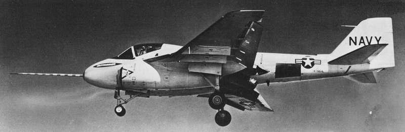 A2F Grumman G128 Intruder span: 53', 16.15 m length: 54'7", 16.64 m engines: 2 Pratt & Whitney J52-P-6 max. speed: 685 mph, 1102 km/h (Source: US Navy) The Intruder was a twin engined attack aircraft.