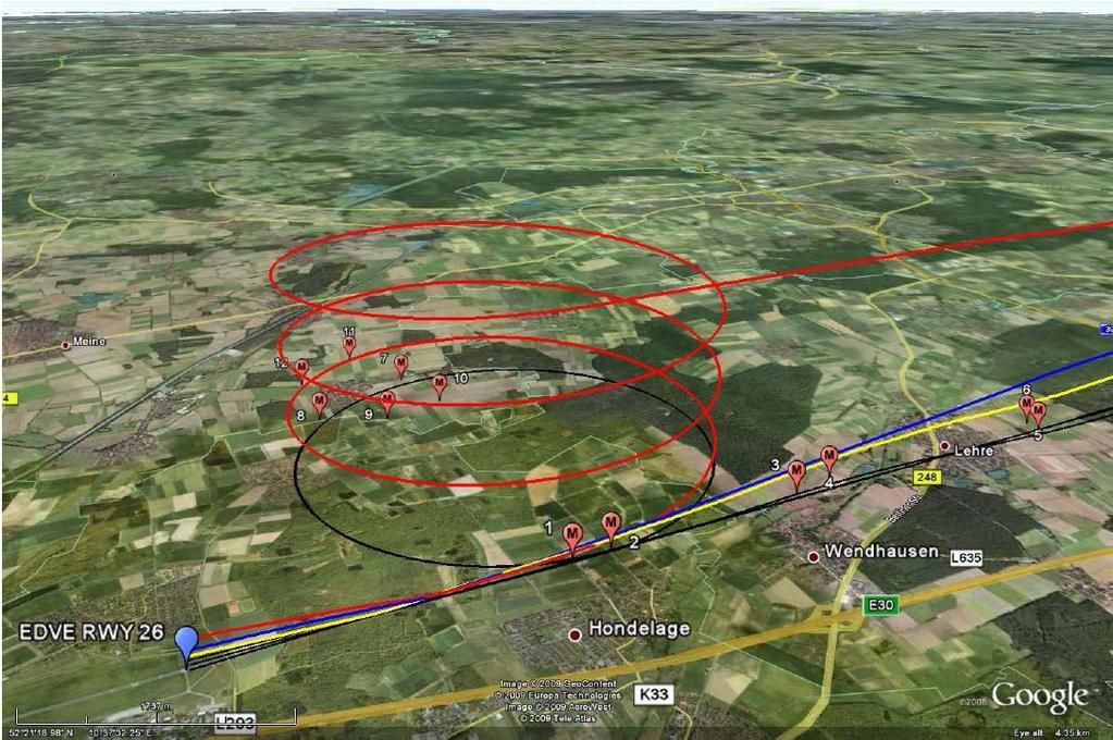 Flight test - Noise Approaches on RWY 26 of Braunschweig (EDVE) Flight test program: 7 test flights & 12 microphone positions 2 standard ILS (yellow), 2 steep