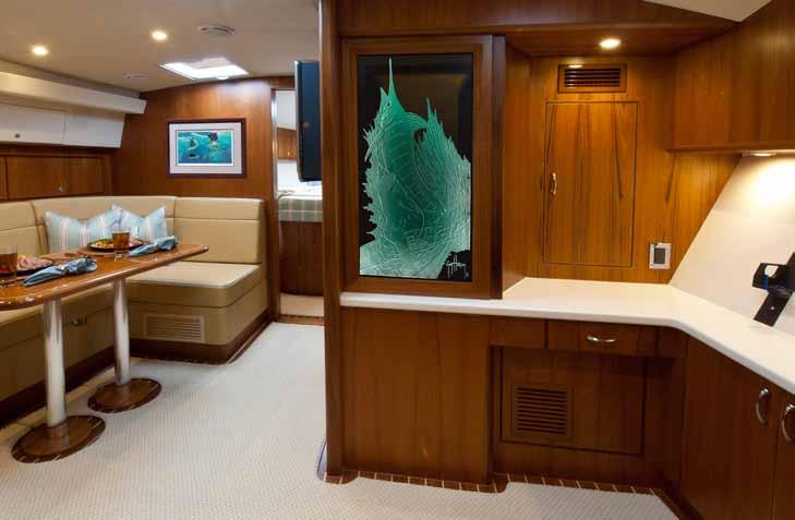The full-length, aft-facing galley counter allows easy access to appliances, while creating