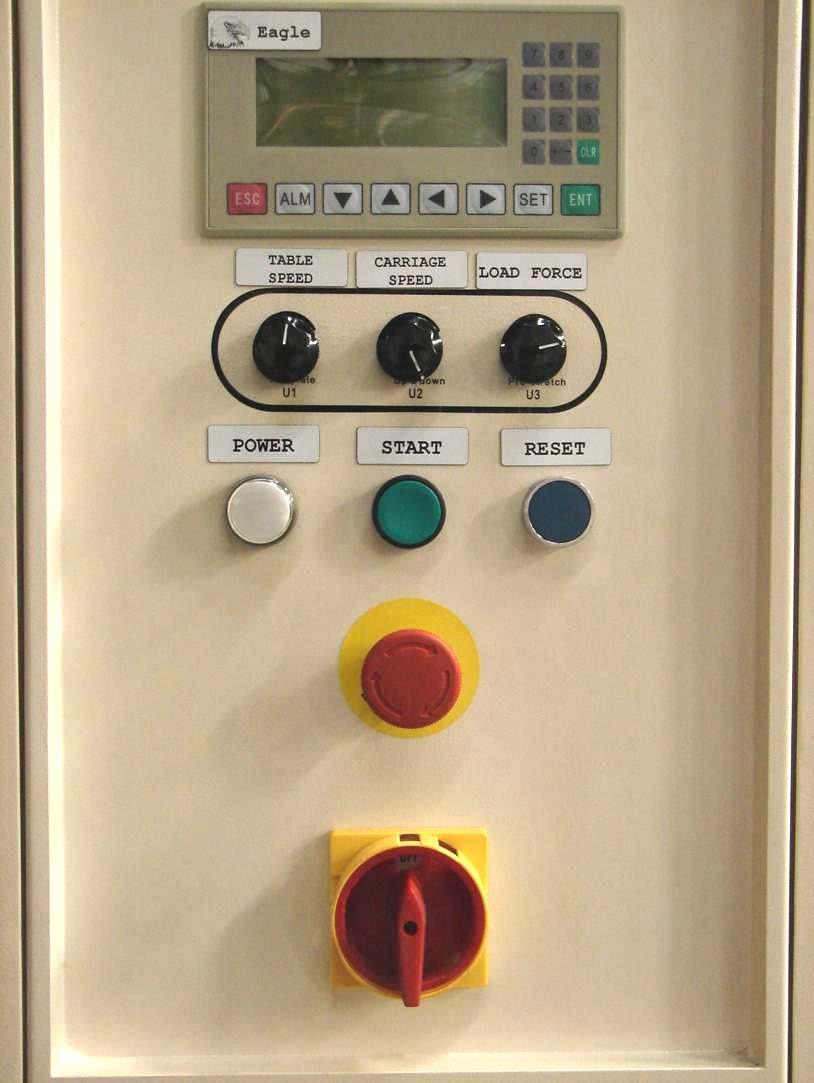 3.2 Basic Machine Operation 1. Screen Controller 2. Table Speed 3. Carriage Speed 4. Power Indicator 5. Start Button 6. Load Force 7. Reset Button 8 Emergency Stop Button 9.