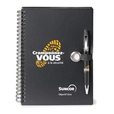 Dina Notebook Combo Combo includes notebook with textured polypropylene cover, black elastic pen loop, chrome rivet, 160 white lined pages (non-refillable) and a matching