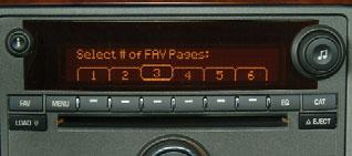 Tune in the desired radio station. 2. Press the FAV button to display the page where the station is to be stored. 3. Press and hold one of the six pushbuttons until a beep sounds to store the station.