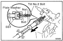 REMOVE TILT MEMORY BOLT AND SQUARE NUT Using a hexagon wrench (4 mm), remove the bolt. 15. REMOVE MAIN SHAFT ASSEMBLY WITH COLUMN UPPER TUBE (a) Set SST, the nut (10 mm nominal diameter, 1.