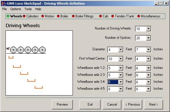 You use the previous dialog box or form to enter data for the locomotive leading wheels: in this form, you enter data for the driving wheels.