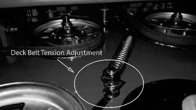 Spring tension adjustments can be made by sliding the bolt shown above forward or backward in the slot of the deck. Belt tension should be 60-65 lbs.