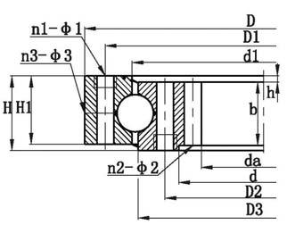 SINGLE ROW BALL SLEWING BEARING(INTERNAL GEAR) Bolt hole diameter Structure Gear parameters Basic load ratings coa Weight D d H D1 D2 n φ D3 (D3') d1 (d1') H1 h n3 φ3 m Da Z da Z b x 10 4 N kg IGSBM