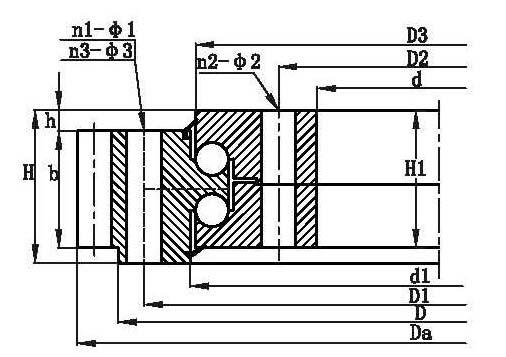 DOUBLE ROW BALL SLEWING BEARINGS (EXTERNAL GEAR) Bolt hole diameter D d H D1 D2 n φ D3 (D3') Structure d1 (d1') Gear parameters H1 h n3 φ3 m Da Z da Z b x Basic load ratings coa Weight 10 4 N kg
