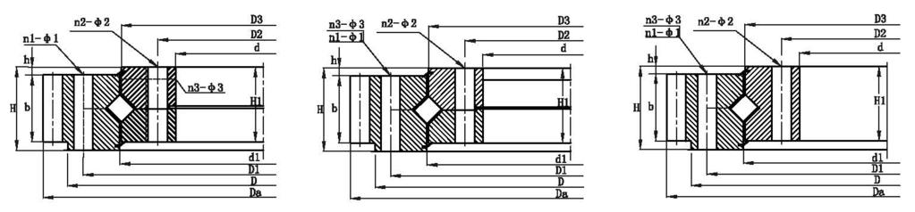 CORSSOVER ROLLER SLEWING BEARING (EXTERNAL GEAR) Bolt hole diameter Structure Gear parameters D d H D1 D2 n1 n2 φ1 φ2 D3 d1 H1 h n3 φ3 m Da Z b x Basic load ratings coa Weight 10 4 N kg EGCRM 1056.