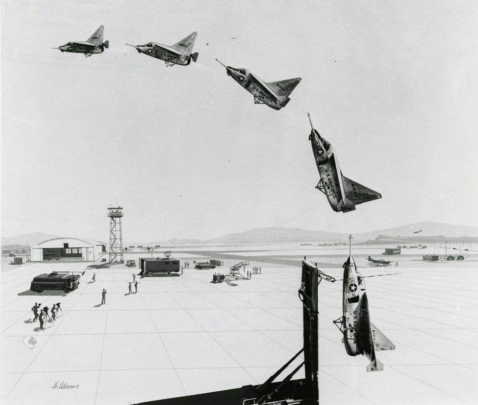 The second X-13 on display here made history in April 1957, when it completed the first full-cycle flight at Edwards Air Force Base, California.