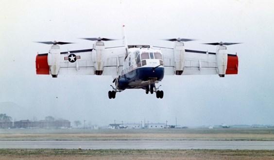 With the wings tilted up, an XC-142A took off and landed like a helicopter. The wings could be tilted forward to provide the speed of a fixed-wing aircraft.
