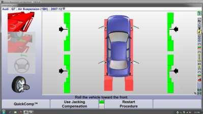 Roll the vehicle using the left rear tire until the bar graphs are green and the arrows are well within the green area of the bar graph. Hold the vehicle until the bar graphs change.