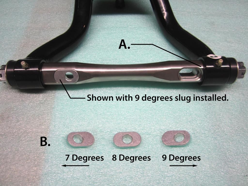 A. The front (A.) of the arm is where the slug pocket is closer to the control arm bushing, see below. B. There are three different caster slug settings in only two pairs of slugs.