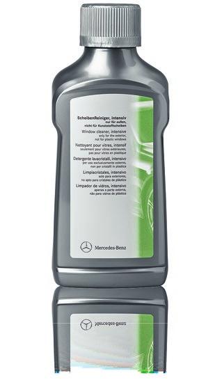 Mercedes-Benz Genuine Window cleaner, intensive Part number A 000 986 40 71 09 A 000 986 40 71 50 ml 250 ml Removes road grime, silicones, diesel soot, hot wax, gloss preserver, squashed insects and