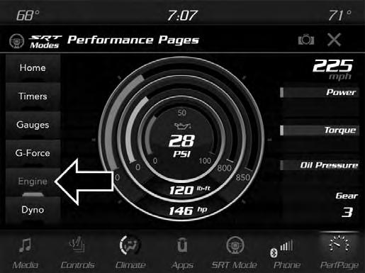 16 PERFORMANCE PAGES ENGINE When selected, this screen displays the following values: Vehicle Speed Shows the actual vehicle speed. Engine Power Shows the instantaneous power.