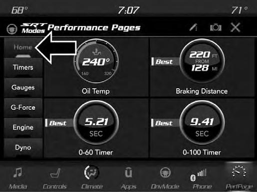 The following describes each feature and its operation: HOME SRT PERFORMANCE PAGES 35 When Home is selected, a series of widgets (gauges) can be customized by the user.