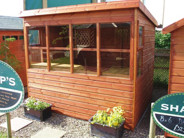 sheds A E Sunflower 3 x 2 Framed roof Full length slatted staging under window Full height windows returning at both ends Two joinery opening windows Lock and Key Sizes from: 1.83m x 1.