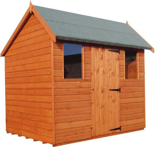 sheds 7 Hipex Fully tongued and grooved construction Door can be positioned on front or either end wall Ledged and braced door Lock and key Sizes from 2.44m x 1.83m (8 x 6 ) up to 3.66m x 2.