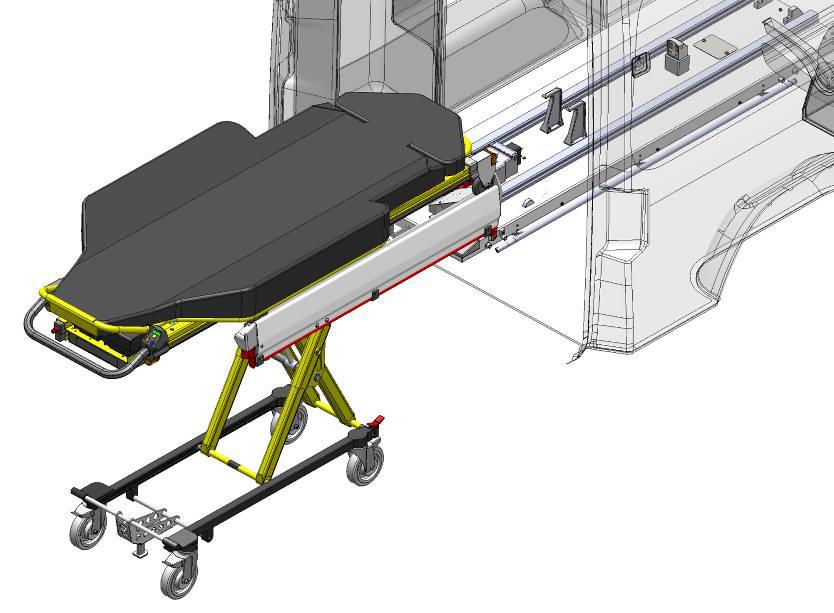 Once the stretcher has been lined up with the cross section of the rails, push the stretcher until the small wheels limit has been reached.