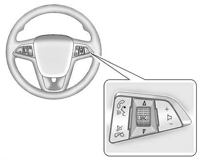 Instruments and Controls 5-3 Steering Wheel Controls For vehicles with audio steering wheel controls, some audio controls can be adjusted at the steering wheel.
