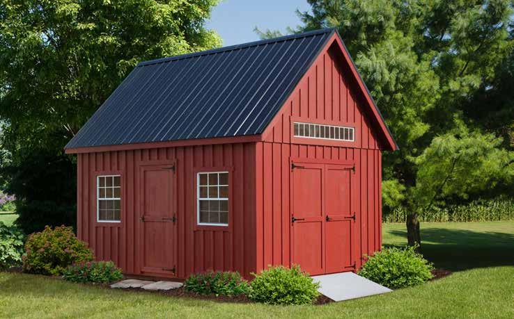sheds 2-12x36 Windows on Smaller sheds 12/12 Roof Pitch / 2x6 Rafters 14x24 / Clay Duratemp / White Trim / Custom Red Doors /