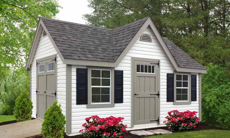 Deluxe Single Door w/ Transom 2-18x36 Windows w/ Z-Shutters on sheds up to 12 long 2-24x36 Windows w/ Z-Shutters on sheds 14 or longer 7/12 Roof Pitch, 12/12 pitch on dormer 6 overhang on gables and