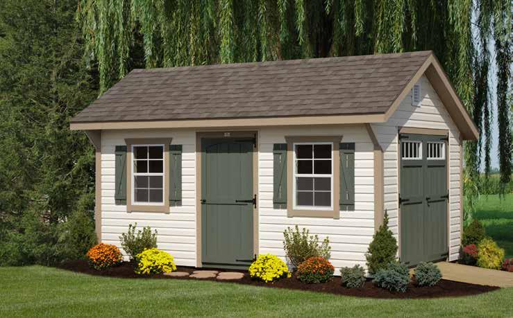 Carriage Offset roof lines with an extended overhang across the front of the shed that not only looks great but provides extra protection over your front door.