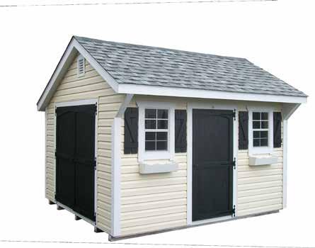 Double Door w/ transom window in door or above door in wall 2-18x36 Windows on sheds up to 12 long 2-24x36 Windows on sheds 14 or longer 7/12 Roof Pitch 14 Overhang on front eave 6 overhang on gables
