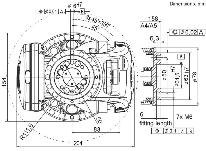 Fig. 4-65: Payload diagram, KR 30 L16-2 F Mounting flange In-line wrist type Mounting flange ZH 16 II F ISO 9409-1-50-4-M6 Mounting flange (hole circle) 50 mm Screw grade 10.
