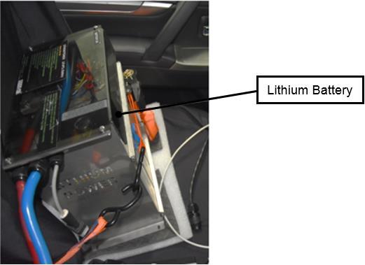 The two 12 Volt batteries combine to supply the required 24 Volts and 180 Amp Hours. The batteries are installed in the test vehicle and connected to the PEMS as shown in Figure 19.