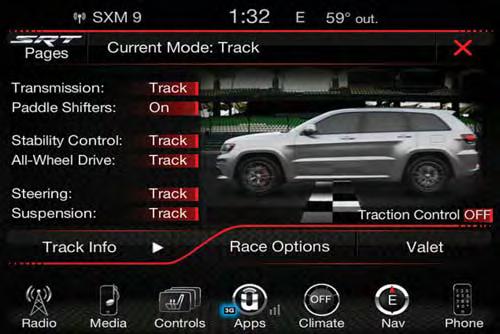 SRT Drive Modes UNDERSTANDING YOUR INSTRUMENT PANEL Pushing the SRT button on the Selec-Track switch. Selecting Drive Modes from the Apps menu.