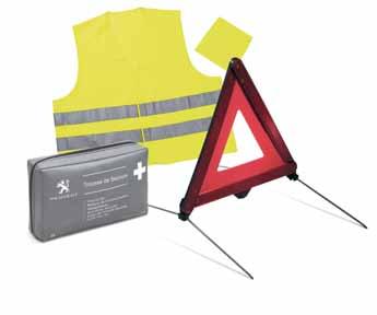 High visibility vest, warning triangle and first aid kit