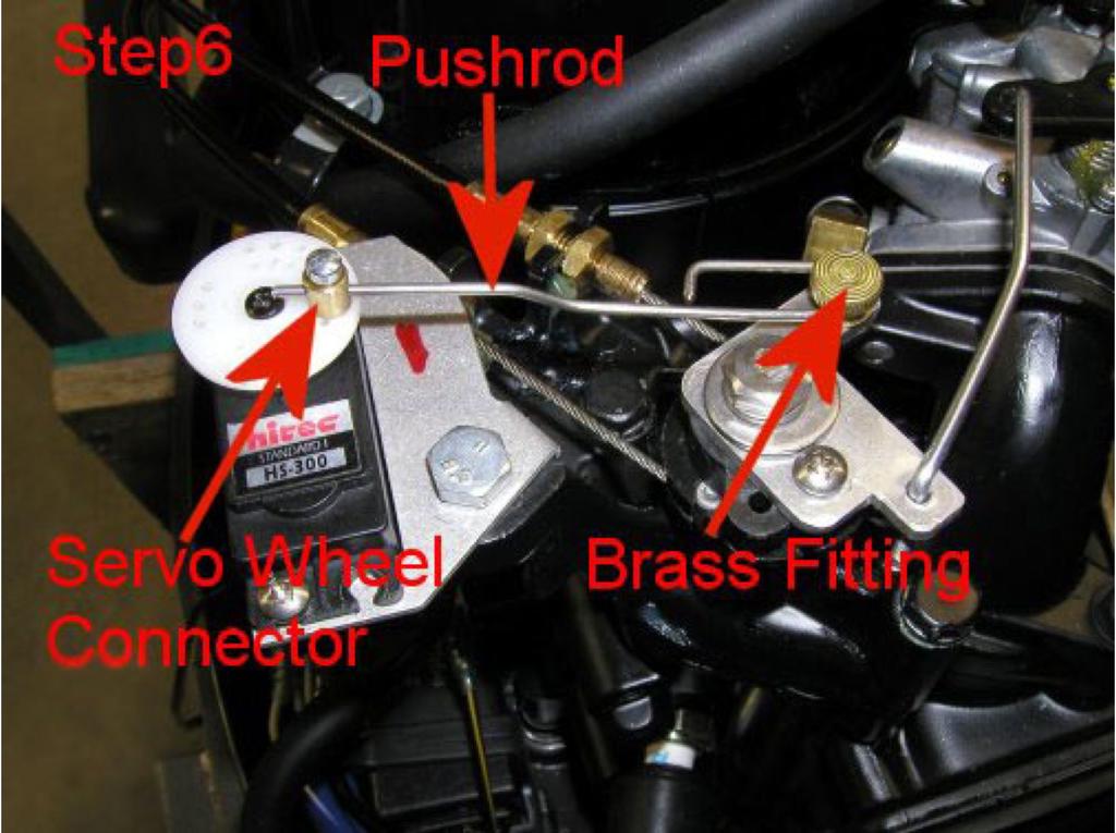 6. Install the push rod between the brass fitting on the TrollMaster cam plate and the connector on the servo arm. 7.