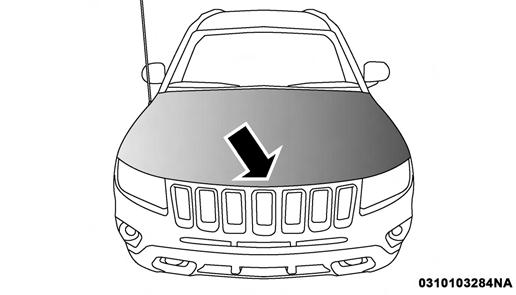 2. Move the safety latch, located outside the vehicle under the front edge of the hood, toward the center and raise the hood.