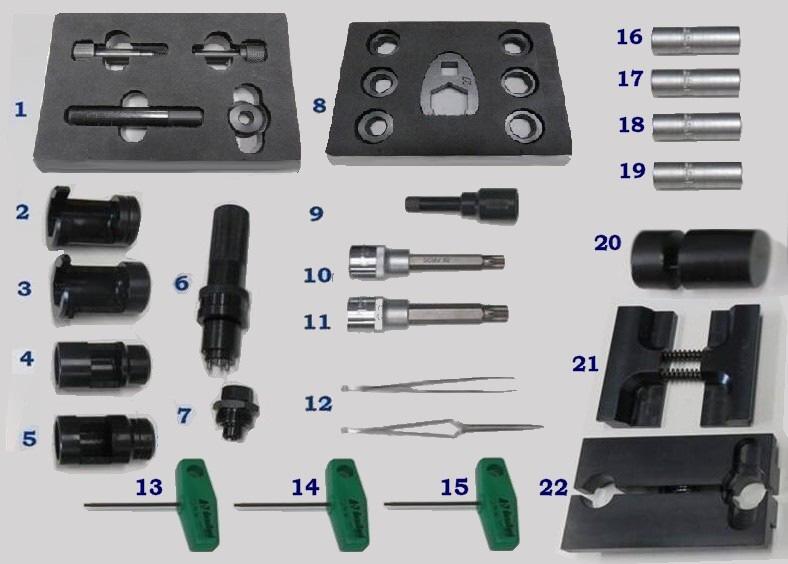 Section 2. Tools and accessories for Common Rail pumps and injectors repair. DL- CR TOOL KIT-22 Tool kit for repair of CR injectors: 1. Support ring extraction/installation kit DL-CR50104 2.