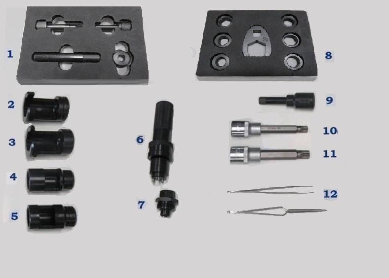 Section 2. Tools and accessories for Common Rail pumps and injectors repair. DL- CR TOOL KIT-12 Tool kit for repair of CR injectors: 1. Support ring extraction/installation kit DL-CR50104 2.