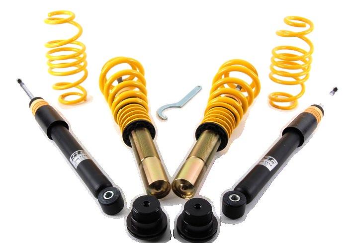 The ST coilover kit by KW has these features: Adjustable composite spring seats Tempered high strength springs Hardened chrome piston rod Noise damping, corrosion resistant