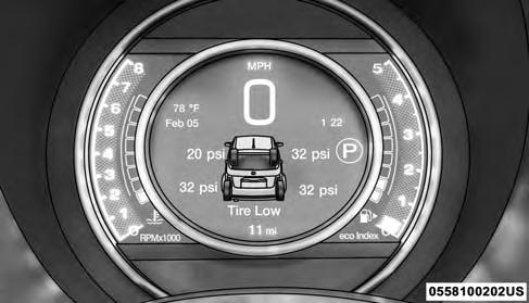 the Tire Pressure Monitoring Telltale Light will turn OFF, as long as no tire pressure is below the lowpressure warning limit in any of the four active road tires.