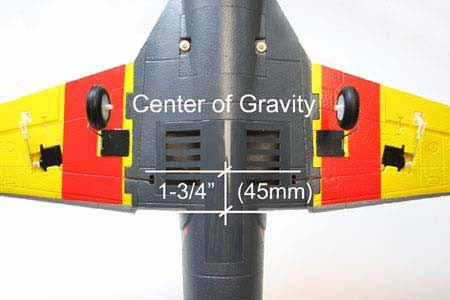 Center of Gravity 20. The Center of Gravity for the is 1-3/4 (45mm) back from the leading edge of the wing where it meets the fuselage.