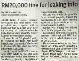 projek pembinaan jalan, tiga tahun lalu telah dikenakan hukuman denda sebanyak RM20,000 setelah mengaku