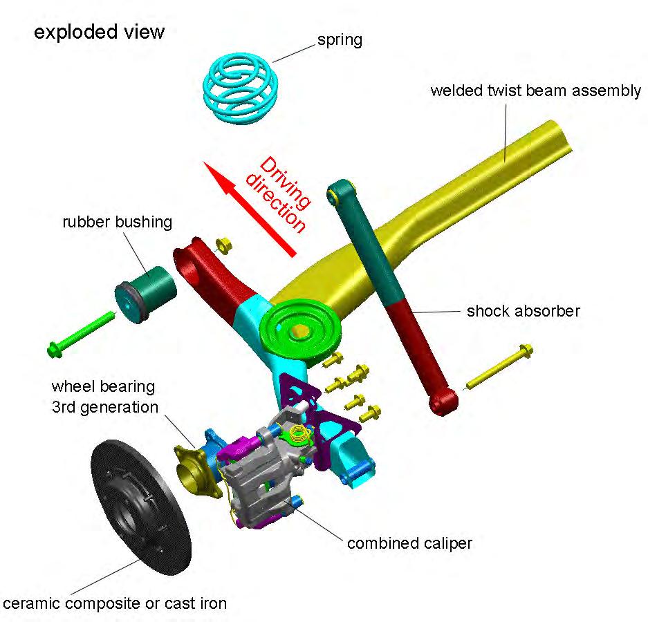 The assembly unit as shown in Figure 7.11.2-2 comprises of the welded twist beam assembly, shock absorbers, springs, rubber bushings, wheel bearings, brakes discs, and brake calipers. Figure 7.11.2-2 Rear suspension exploded view The twist beam assembly is made of five (5) parts as shown in Figure 7.
