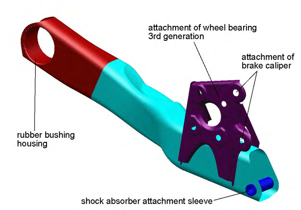 7.11.5. Rear Suspension Trailing Arm The trailing arm weld assembly as shown in Figure 7.11.5-1 is made by joining the trailing arm, the wheel carrier and the damper attachment sleeve.
