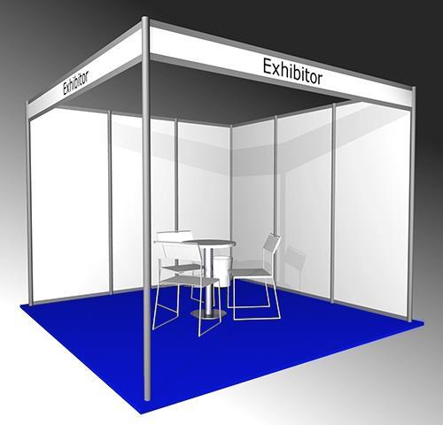 We offer stands from a starter unit of 9 square meters including: white wall elements white fascia with company name on all open sides carpet tiles in blue color 1 spotlight per 4m² 3KW electricity