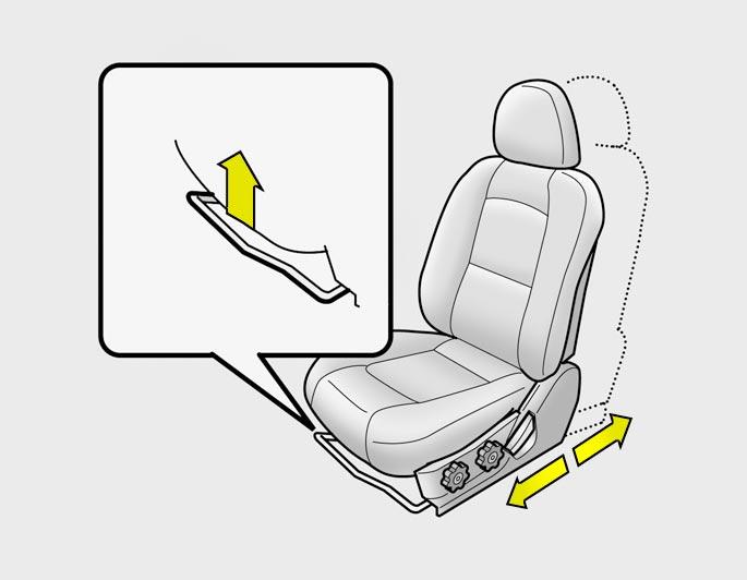 FEATURES OF YOUR HYUNDA 1 12 B080B02A-AAT Adjusting Seat Frward and Rearward B080B01O T mve the seat tward the frnt r rear, pull the lck release lever upward.