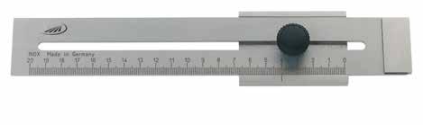 0321 Marking gauge Flat, stable constuction Stainless steel, chrome finished Locking screw Hardened stop face mm graduated scale Factory standard Cardboard box Measuring